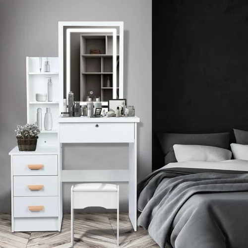 Vista 5 de Escritorio de tocador con luces, tocador de maquillaje con espejo, tocador con 4 cajones y estantes de almacenamiento, escritorio de tocador
