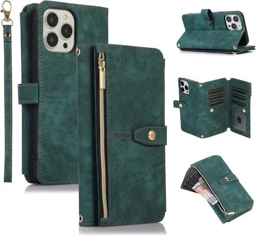 Vista 22 de UEEBAI Funda para iPhone 12 Mini de 5.4 pulgadas, 9 ranuras para tarjetas, cartera de cuero retro a prueba de golpes, con correa de mano, ranuras