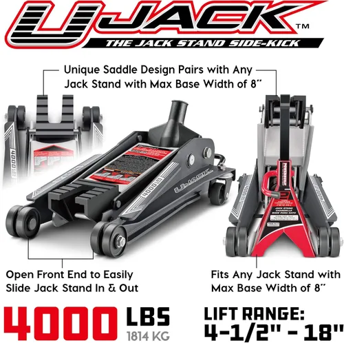 Vista 2 de Powerbuilt 620516 Gato para garaje U-Jack de 2 toneladas, capacidad de carga de 3000 libras, rango de elevación: de 4-1/2 pulgadas a 18-3/4