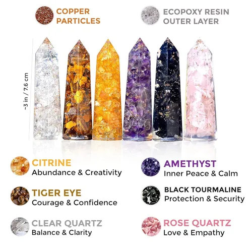 Vista 2 de Healing Crystal Wand Set of 6 Orgonite Includes 3 Amethyst Crystal, Tigers Eye, Rose Quartz, Black Tourmaline Stone, Citrine and Clear Quartz