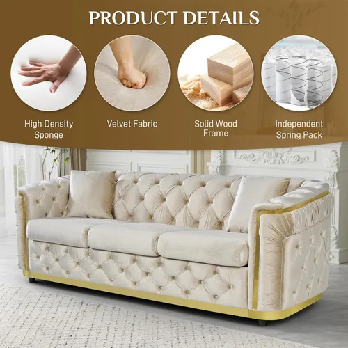 Vista 4 de DAMAIFROM Juego de sofá de terciopelo de lujo beige y dorado, moderno de mediados de siglo, sofás Chesterfield copetudos y patas doradas, juego de 2