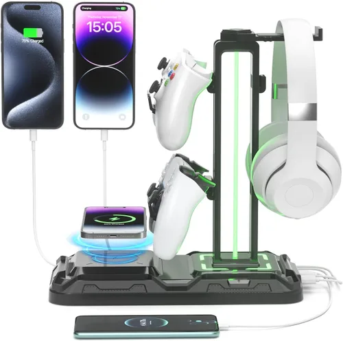 KDD Soporte para auriculares y controlador con carga inalámbrica, soporte giratorio para auriculares con 9 modos de luz, soporte para controlador