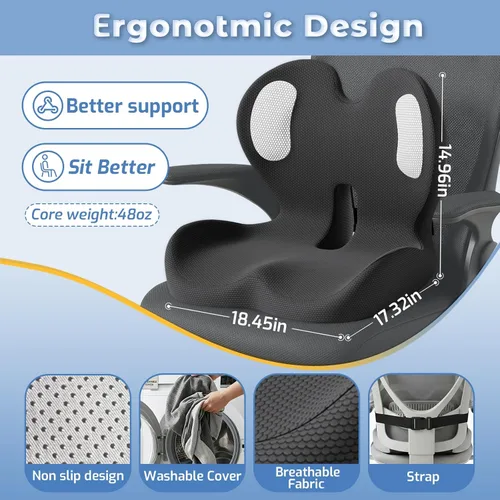 Vista 7 de Cojín de asiento de espuma viscoelástica con almohada de apoyo lumbar, cojín para silla de oficina, cojín ergonómico para asiento de automóvil