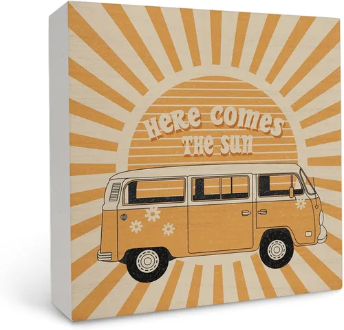 Letrero de madera con texto en inglés "Here Comes the Sun" para decoración de escritorio, moderno retro Groovy de los años 70 para el hogar,
