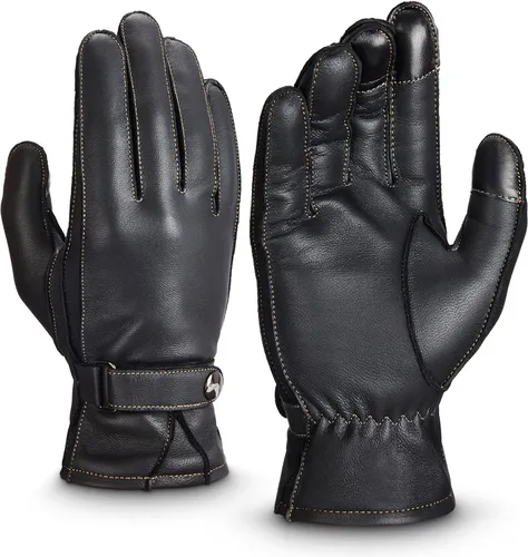 KEMIMOTO Sheepskin Leather Driving Motorcycle Gloves for Men Women All Fingers Touchscreen Texting Riding Winter Dress Black Cashmere Lined Gloves