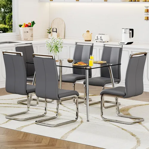 Vista 22 de Juego de mesa de comedor de cristal de Ebullient para 4 personas, juego de 5 piezas con 4 sillas de comedor de piel sintética negras, tablero
