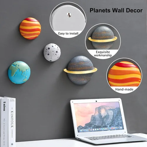 Vista 7 de 4 piezas de decoración de pared de planetas del espacio exterior – Esculturas de pared 3D modernas para sala de estar y dormitorio – Decoración