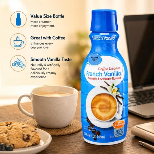 Vista 5 de Crema de café de vainilla francesa, botella de 32 onzas líquidas, crema líquida dulce y cremosa para café con cuchara de gemas de café D.A.