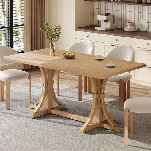 Vista 15 de Mesa de comedor extensible ovalada de madera con base de pedestal Marrón