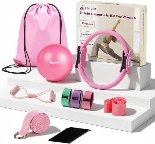 Vista 8 de ElaraFit Home Pilates Ring and Ball Set for Women with 5 Resistance Bands 13 inch Magic Circle Workout Starter Kit for Beginners Full Body Toning 15