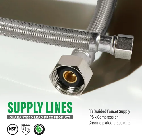 Vista 2 de EverFlow - Conector para grifo de 8 pulgadas, acero inoxidable, 27108-NL-2-G, tuercas de latón trenzadas, 1/2 pulgada IPS X 3/8 pulgada rosca