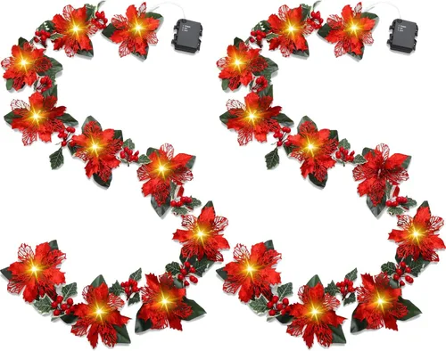 2 guirnaldas de flores artificiales de Navidad con purpurina de 6.5 pies, 10 luces LED, guirnalda de flores sintéticas de Navidad con luces, bayas