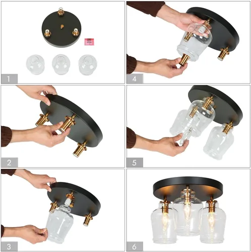 Vista 8 de ZEVNI Lámpara de techo semiempotrada de color negro y dorado, lámpara de cristal moderna de 3 luces para dormitorio, pasillo, vestíbulo, cocina