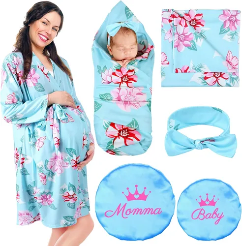 Mepase 5 piezas de conjuntos hospitalarios de mamá y yo, batas de maternidad con conjuntos de manta para envolver al bebé y cinta para la cabeza Azul