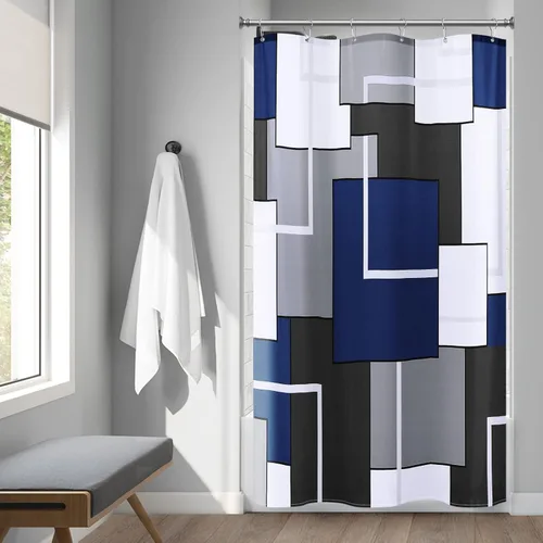 Vista 8 de Cortinas de ducha Hokibero para baño, cortinas de baño modernas geométricas estándar, cortina de ducha de poliéster resistente para hoteles, Negro