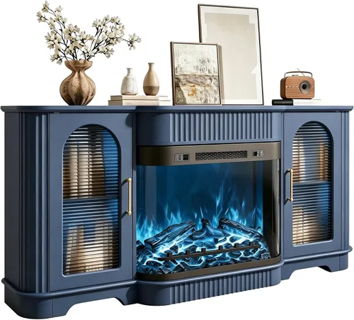 Vista 13 de Soporte de TV estriado de 70 pulgadas con chimenea eléctrica curvada Negro
