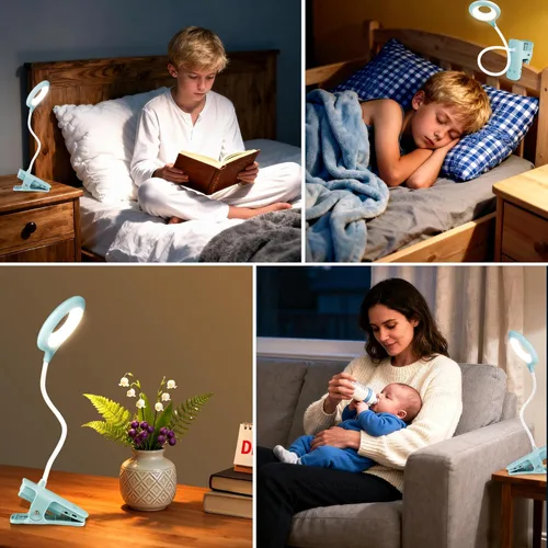 Vista 6 de Akynite Lámpara de escritorio LED con clip, 5 modos, 5 brillos regulables, luz de abrazadera regulable, batería recargable, lámpara de lectura