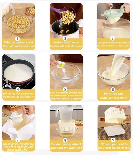 Vista 5 de juego de molde con prensa para hacer tofu y tela para prensar queso de soja.