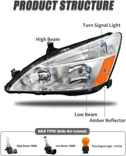 Vista 4 de Conjunto de faros delanteros Accord 2003 2004 2005 2006 2007 para Honda Accord 2003-2007 2/4dr lente transparente carcasa cromada con reflector