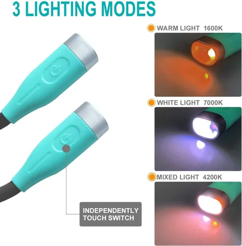 Vista 4 de Luz de lectura para el cuello, luz de libro para leer en la cama, luz de lectura LED con 3 colores, 3 niveles de brillo, lámpara de lectura manos