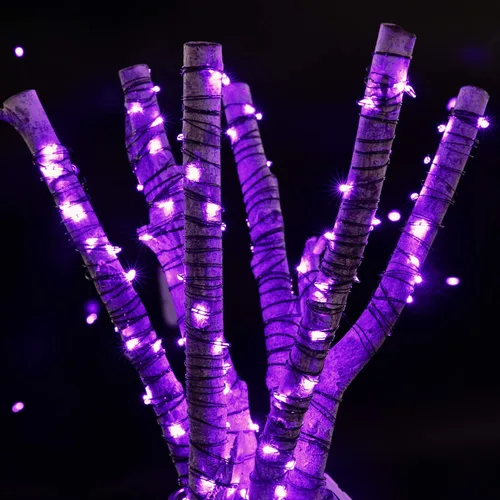 Vista 5 de Guirnalda de luces de hadas moradas de Halloween: paquete de 12 luces LED de 7 pies con 20 luces LED de luciérnaga con cable negro, luces de luna