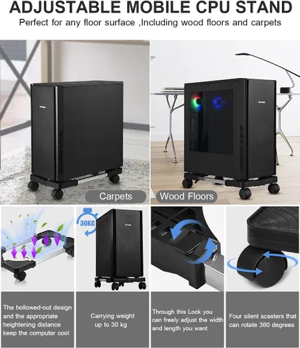 Vista 6 de Soporte para torre de computadora, soporte móvil ajustable para CPU con ruedas de rodamiento giratorias, soporte premium para torre de PC