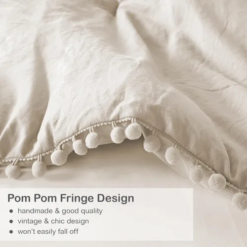 Vista 5 de Codi Juego de edredón beige tamaño individual para niñas, ropa de cama con diseño de flecos de pompones, ropa de cama bonita de microfibra lavada