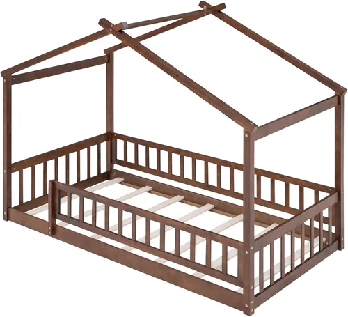 Vista 151 de Merax Cama de madera de tamaño individual con dos cajones, marco de cama de madera con techo para niños, adolescentes, niños o niñas, gris