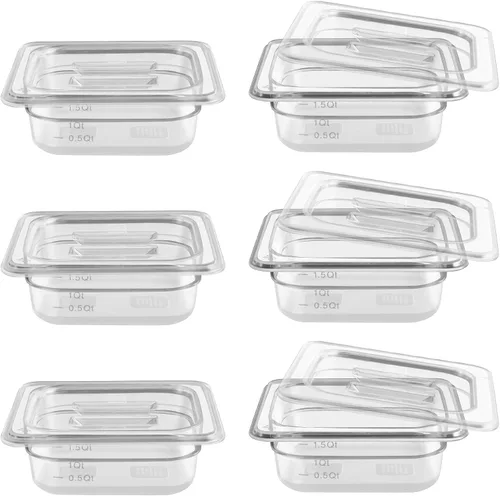 Vista 11 de Paquete de 6 bandejas para alimentos transparentes de 1/2 tamaño de 4 pulgadas de profundidad con tapas, bandejas comerciales para alimentos