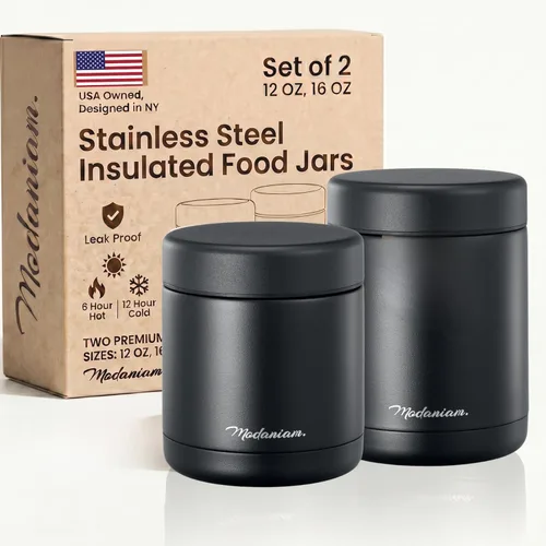 Vista 13 de Juego de 2 tarros de alimentos aislados de acero inoxidable (16 onzas + 12 onzas), boca ancha, termo de sopa para almuerzo de comida caliente