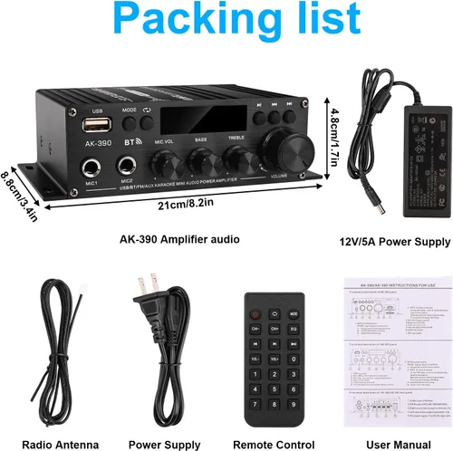 Vista 6 de Romicta Amplificador de Audio Estéreo, 2.0 CH Mini HiFi Estéreo AMP Bluetooth 5.0 Receptor con Amplificador de 400W+400W, FM, AUX, USB, Entrada