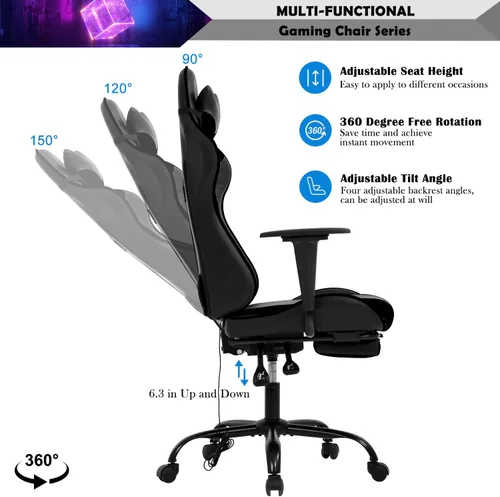 Vista 33 de Silla para juegos, silla giratoria de altura ajustable con reposacabezas y soporte lumbar de masaje, silla ergonómica de policarbonato