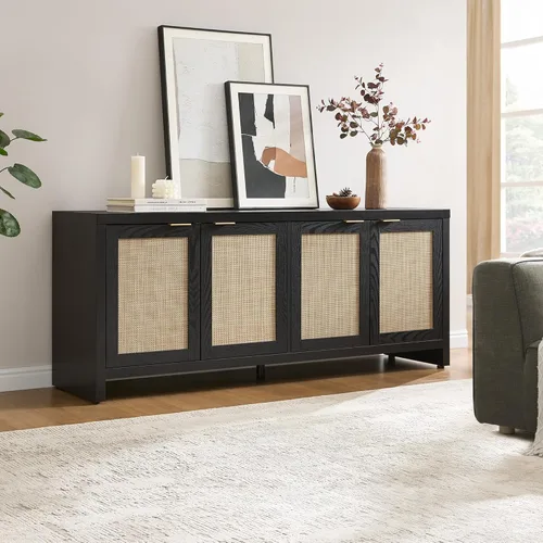 Vista 6 de SICOTAS Soporte de TV para sala de estar, centro de entretenimiento boho para dormitorio con 4 gabinetes de ratán, soporte de televisión de granja