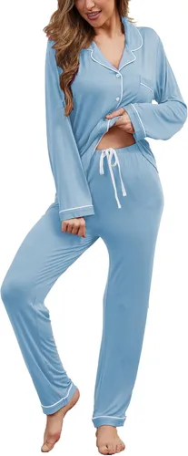 Vista 21 de Juego de pijama con botones para mujer, de manga larga, ropa de dormir suave, conjunto de ropa de descanso, tallas XS-XXL bean paste