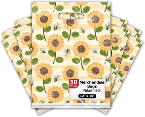 Bolsas de mercancía de diseño de girasoles y abejas de 12 x 15 pulgadas, 50 unidades, con asas troqueladas, bolsas de compras impresas de primera