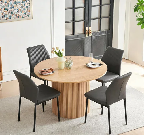 Vista 13 de Juego de mesa de comedor para 4, mesa de cocina redonda de madera de 47 pulgadas con sillas de piel sintética para cocina y espacios pequeños