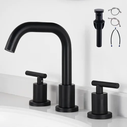 Vista 9 de Grifo de lavabo de baño generalizado de dos asas, grifo de tocador de 3 agujeros con drenaje emergente y líneas de suministro de grifo cUPC, grifo