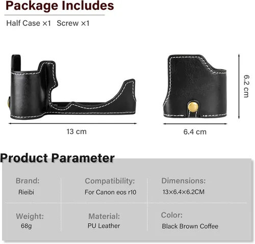 Vista 6 de Rieibi Funda EOS R10 - Media funda de piel sintética de calidad para cámara sin espejo Canon EOS R10 - Negro