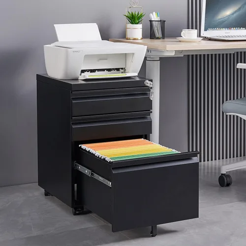 3-Drawer Mobile File Cabinets Rolling Metal Filing Cabinet for Legal & Letter File Anti-tilt Design with Lock Under Desk Office Drawers Fully Black