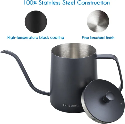Vista 3 de Easyworkz Calibre cuello de cisne verter sobre la tetera de café de acero inoxidable de 12 onzas con boquilla larga y estrecha