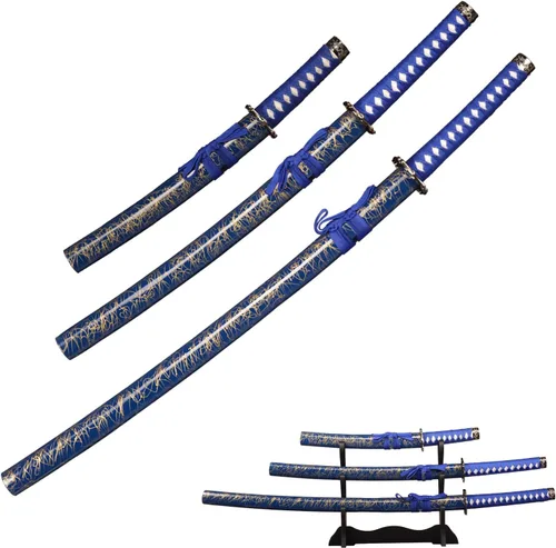 Vista 8 de FullTang Iaido Samurai - Juego de 3 piezas de espadas samurai japonesas con soporte de exhibición, vaina grabada, acero al carbono medio 1045, Hoja