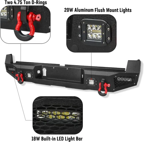 Vista 3 de Parachoques Trasero para T-acoma, Aaiwa Camioneta Todo Terreno con Parachoques con 4 Luces LED y 2 Anillos en D Compatible con T-acoma 2016 2017
