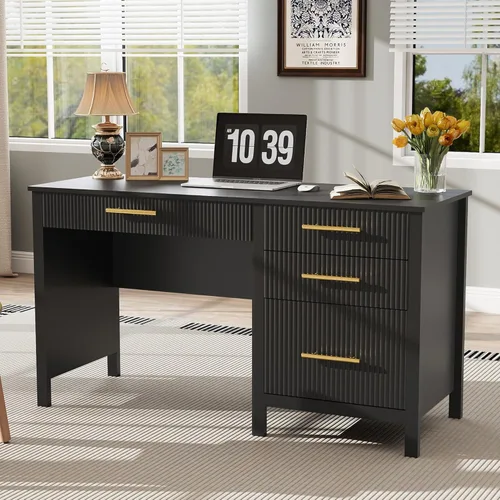 Modern Executive Desk with Drawers: 54 Inch Black Home Office Desks with File Drawer, Wood Fluted Desk with Storage, Writing Computer Desks with 4