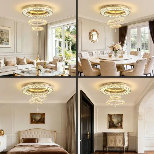 Vista 4 de Siljoy Candelabros de cristal dorado de 32 pulgadas, 3 anillos LED de montaje empotrado, lámparas de techo regulables para sala de estar, comedor