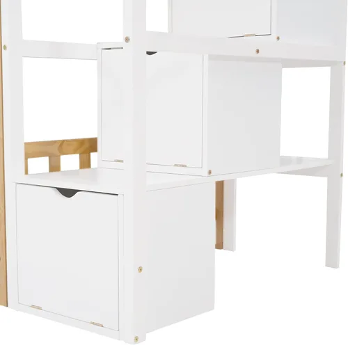 Vista 18 de Cama de casa de tamaño individual con elegantes ventanas y estantería, litera con diseño de castillo de madera con barandillas de seguridad