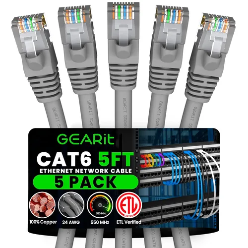 Vista 18 de GEARit Paquete de 5 cables Ethernet Cat6 de 100 pies Cable de conexión de red RJ45, conectores chapados en oro sin enganches de 10 Gbps - Cable