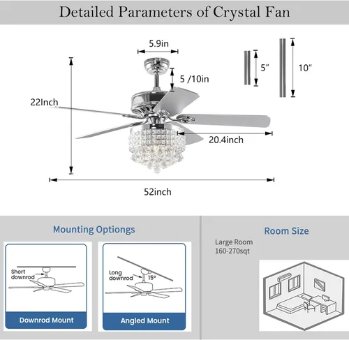 Vista 4 de Ventilador de techo de cristal de 52 pulgadas con luces, 5 aspas de madera y hermosa lámpara de luz, ventilador de techo moderno con motor
