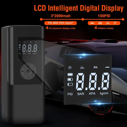 Vista 2 de Mini Portable Air Compressor 150 PSI Rechargeable Electric Air Pump DC12V Tire Inflator with Digital Display LED Light USB Charging for Car