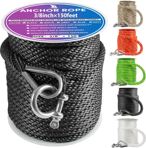Vista 18 de Cuerda de anclaje premium de 50 pies x 1/2 pulgadas, línea de anclaje trenzada sólida MFP para barco con dedal y grillete - Negro