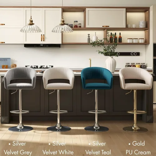 Vista 9 de Hyfirm Juego de 2 modernas sillas de bar de cocina con base cromada dorada, taburetes de bar giratorios ajustables con respaldo y reposapiés
